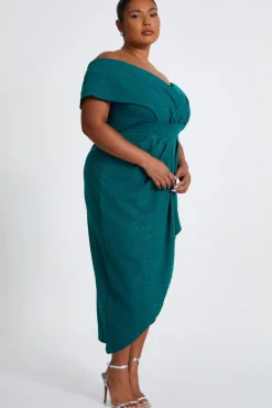 Quiz Curve Bottle Green Glitter Bardot Midi Dress Hot