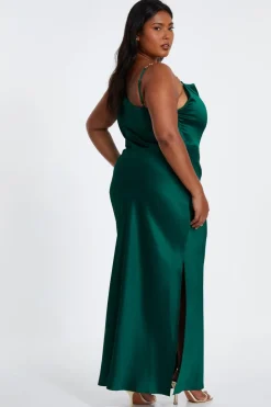 Quiz Curve Bottle Green Satin Ruched Midi Dress Sale