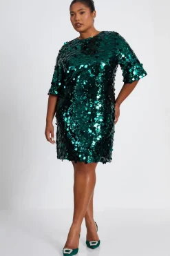 Quiz Curve Sequin Boxy Tunic Dress Bottle Green