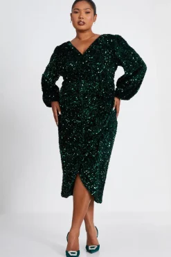 Quiz Curve Sequin Midi Dress Bottle Green Best