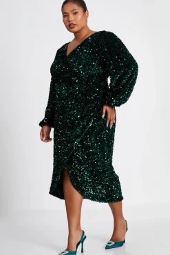Quiz Curve Sequin Midi Dress Bottle Green Best