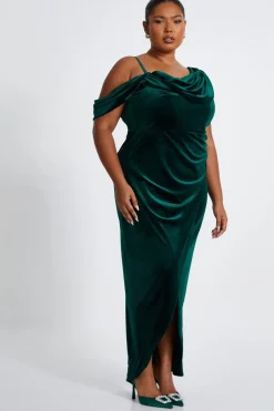 Quiz Curve Velvet Maxi Dress Bottle Green New