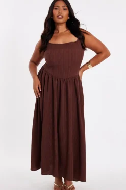 Quiz Curve Drop Waist Midaxi Dress Brown