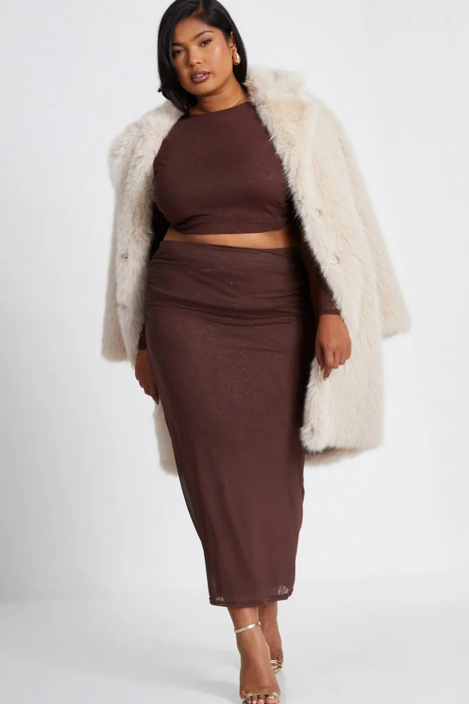 Quiz Curve Glitter Mesh Midaxi Skirt Brown