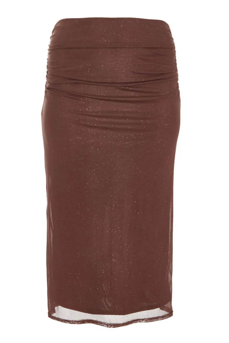 Quiz Curve Glitter Mesh Midaxi Skirt Brown