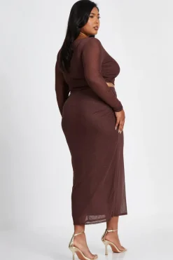 Quiz Curve Glitter Mesh Midaxi Skirt Brown