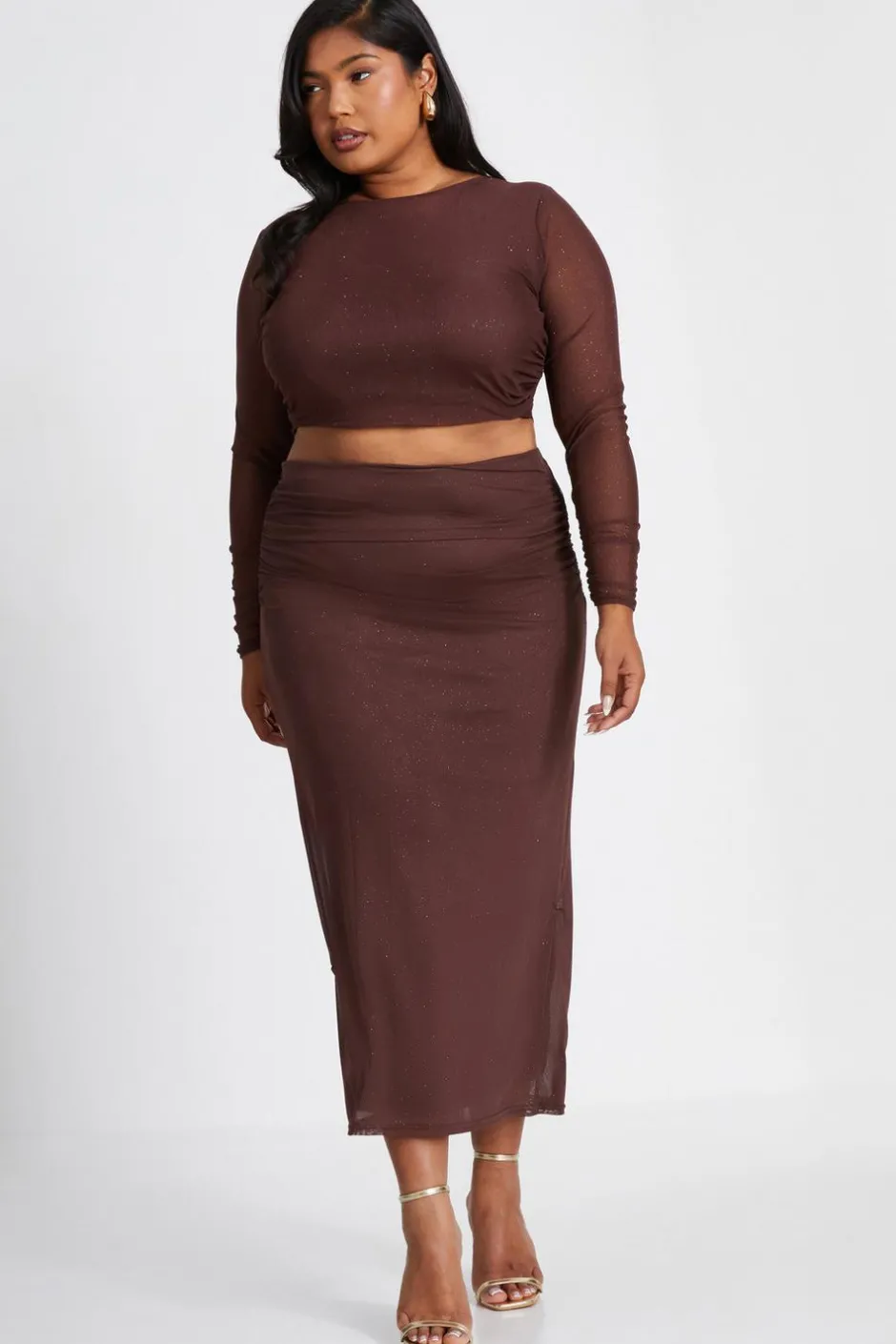 Quiz Curve Glitter Mesh Midaxi Skirt Brown