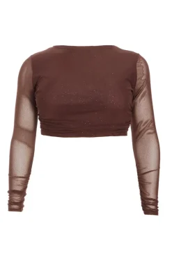 Quiz Curve Glitter Mesh Long Sleeve Top Brown Clearance