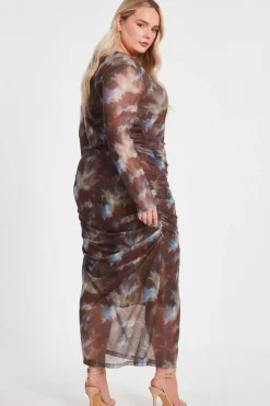 Quiz Curve Brown Mesh Printed Midaxi Dress Hot