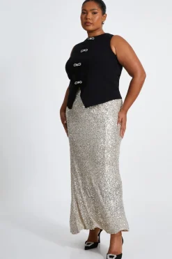 Quiz Curve Sequin Maxi Skirt Champagne New