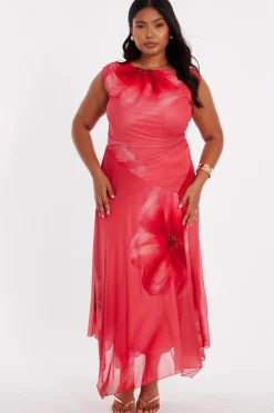 Quiz Curve Coral Mesh Midaxi Dress New