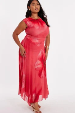 Quiz Curve Coral Mesh Midaxi Dress New