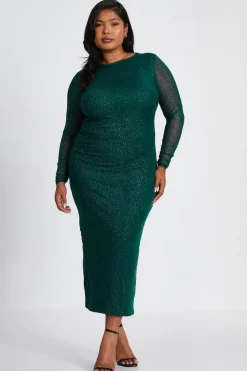 Quiz Curve Glitter Mesh Midaxi Dress Dark Green New