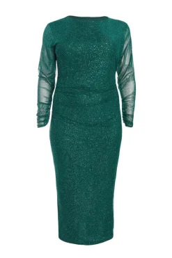 Quiz Curve Glitter Mesh Midaxi Dress Dark Green New