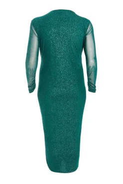 Quiz Curve Glitter Mesh Midaxi Dress Dark Green New