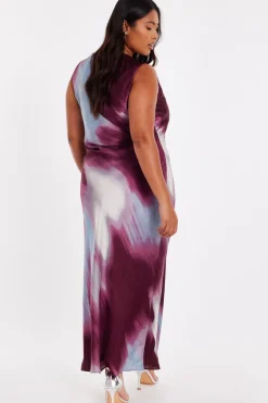 Quiz Curve Dark Red Printed Satin Midaxi Dress