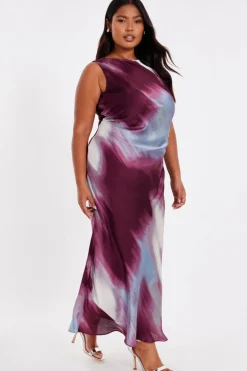 Quiz Curve Dark Red Printed Satin Midaxi Dress