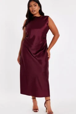 Quiz Curve Dark Red Satin Midaxi Dress Sale