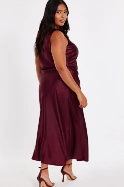 Quiz Curve Dark Red Satin Midaxi Dress Sale