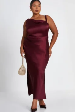 Quiz Curve Dark Red Satin Midaxi Dress Outlet