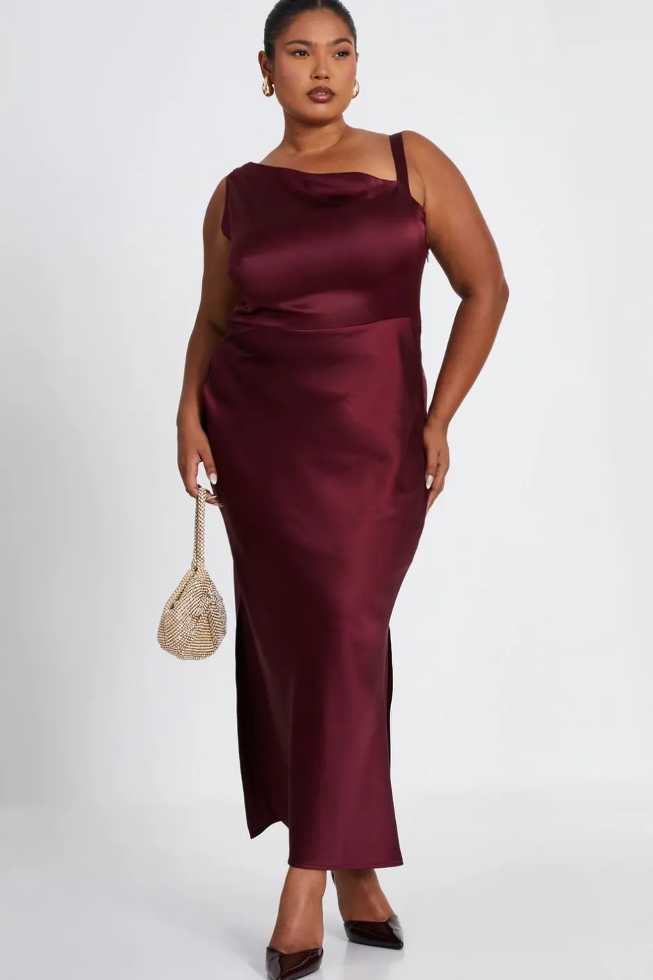 Quiz Curve Dark Red Satin Midaxi Dress Outlet