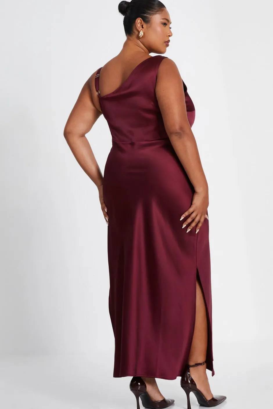 Quiz Curve Dark Red Satin Midaxi Dress Outlet