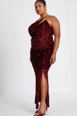 Quiz Curve Dark Red Sequin Maxi Dress Berry Best