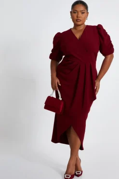 Quiz Curve Dark Red Wrap Midi Dress Clearance