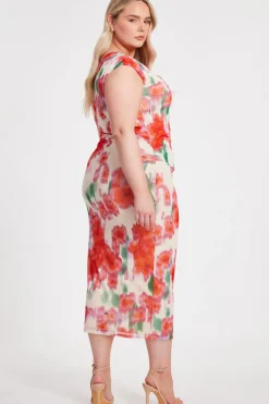 Quiz Curve Floral Smudge Midaxi Dress Hot
