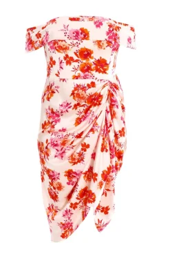 Quiz Curve Ivory Floral Bardot Ruched Midi Dress Hot