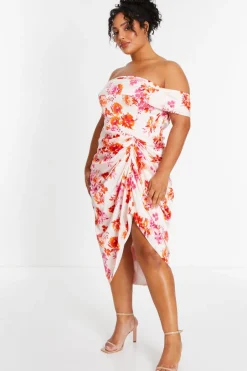 Quiz Curve Ivory Floral Bardot Ruched Midi Dress Hot