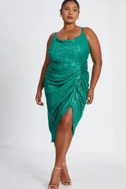 Quiz Curve Jade Green Sequin Ruched Midi Dress Outlet