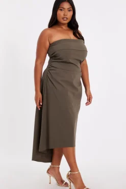 Quiz Curve Bandeau Midi Dress Khaki New