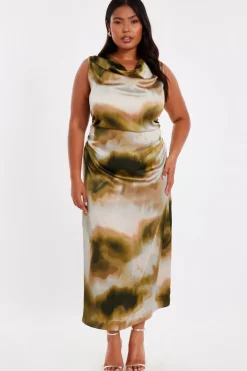 Quiz Curve Khaki Printed Satin Midaxi Dress Outlet