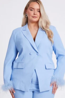 Quiz Curve Feather Trim Blazer Light Blue