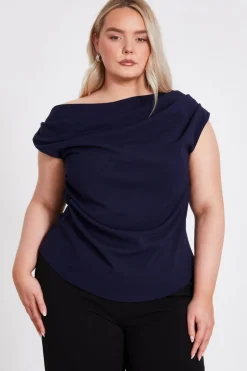 Quiz Curve Drape Neck Top Navy Sale