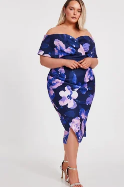 Quiz Curve Navy Floral Bardot Midi Dress Discount
