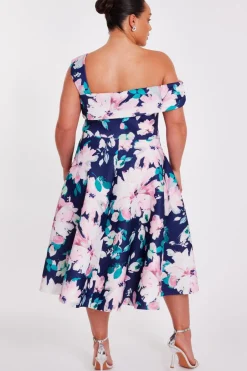 Quiz Curve Navy Floral Print Skater Dress New