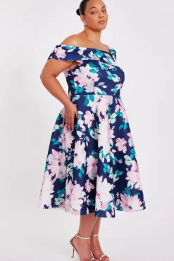 Quiz Curve Navy Floral Print Skater Dress New