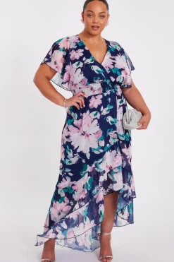 Quiz Curve Navy Floral Tiered Midi Dress