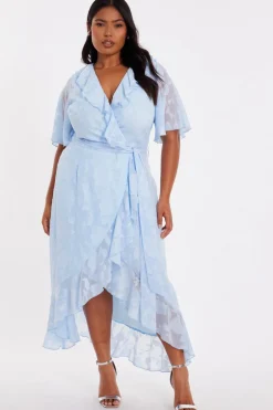 Quiz Curve Jacquard Frill Midaxi Dress Pale Blue Clearance