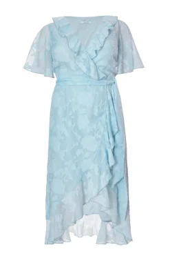 Quiz Curve Jacquard Frill Midaxi Dress Pale Blue Clearance