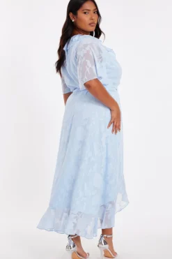 Quiz Curve Jacquard Frill Midaxi Dress Pale Blue Clearance