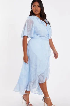 Quiz Curve Jacquard Frill Midaxi Dress Pale Blue Clearance