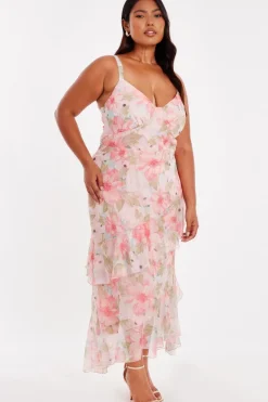 Quiz Curve Pink Floral Chiffon Midaxi Dress Online