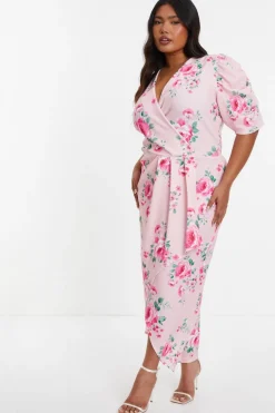 Quiz Curve Pink Floral Wrap Midaxi Dress Best