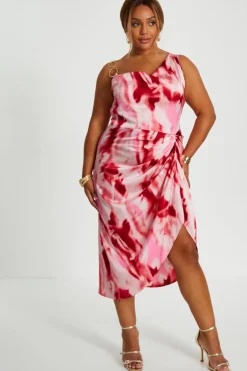 Quiz Curve Pink Satin Marble Print Midi Dress