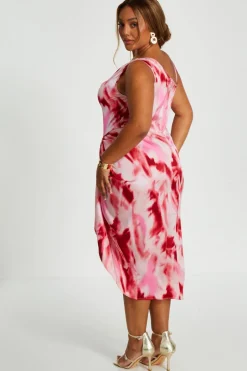 Quiz Curve Pink Satin Marble Print Midi Dress