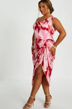 Quiz Curve Pink Satin Marble Print Midi Dress