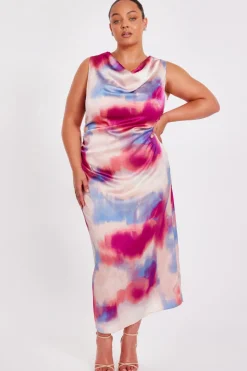 Quiz Curve Pink Satin Tie Dye Midi Dress Hot